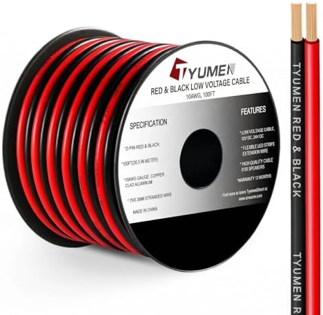 TYUMEN 10 Gauge Wire 100FT, 10AWG Red Black Electrical Wire LED Strips Extension Cord 12V/24V DC Cable, 10 AWG 2 Conductors Flexible Low Voltage Wire for in-Home, Autos, Speaker use