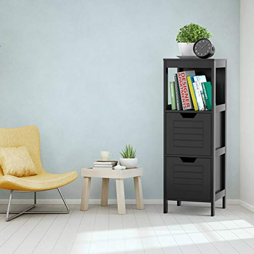 Elegant Multifunction Wooden Bathroom Floor Cabinet Storage Rack Stand Organizer, Stable and Sturdy Construction, Smooth Surface and Edges with 2 Drawers Black - Thumbnail 5