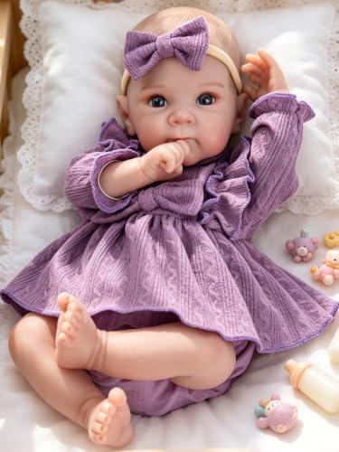 EKOKIZ Reborn Baby Doll Clothes 3-Piece Set - Purple Long-Sleeve Top, Puff Shorts & Headband for 17-20 Inch Dolls, Soft Stretchy Outfit for Pretend Play, Photography & Gift Giving — view 2