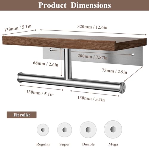 Image of Tindbea Rustic Double Toilet Paper Holder with Walnut Wood Shelf, Farmhouse Toilet Paper Holder Brushed Nickel Stainless Steel Bathroom Tissue Roll Holder