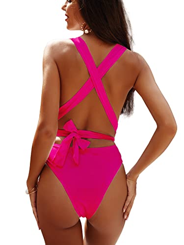 Image of Lilosy Sexy Tie Criss Cross Plunge One Piece Thong Swimsuit High Cut Brazilian Bathing Suit
