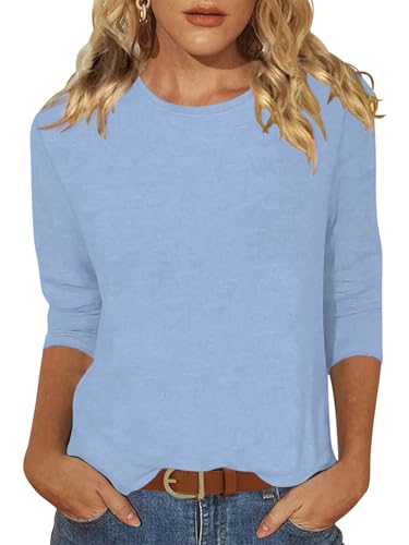 Sherosa Womens Tops Three Quarter Sleeves Cotton Crew Neck Cute Summer Clothes Blue S