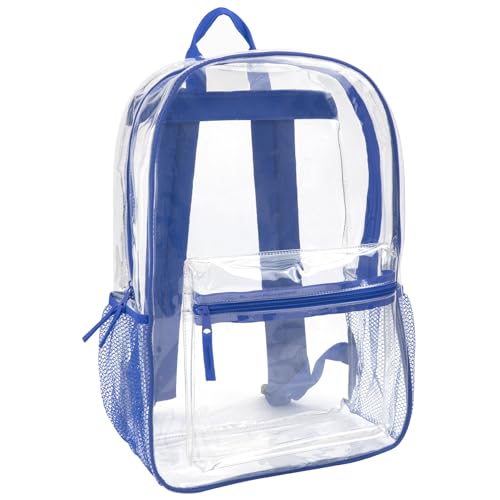 Trail maker Mochila transparente com alças reforçadas e bolso frontal para acessórios – perfeita para escola, segurança e eventos esportivos, Azul, Small, Transparente