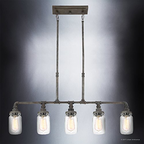 Urban-Ambiance-Luxury-Industrial-Chandelier-Large-Size-1925-H-x-38-W-with-Provencial-Style-Elements-Aged-Pipe-Linear-Design-Antique-Black-Finish-and-Mason-Jar-with-Floral-Pattern-UQL2664 Urban Ambiance Luxury Industrial Chandelier Large Size 1925 H x 38 W with Provencial Style Elements Aged Pipe Linear Design Antique Black Finish and Mason Jar with Floral Pattern UQL2664
