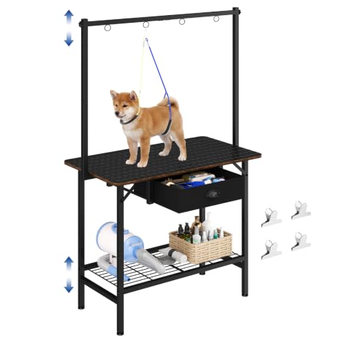 32 Inch Adjustable Dog Grooming Table with Drawer & Non-slip Removable Mat