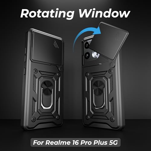 Image of A rtistque Armor Bumper Back Cover Case for Realme 16 Pro Plus 5G | Ring Holder Stand | Sliding Camera Protection | Shockproof Heavy Duty Design | Realme 16 Pro Plus Back Cover - Black