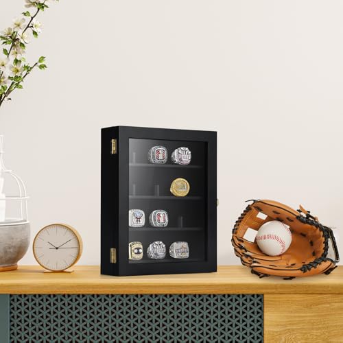 Image of TJ.MOREE 12 Rings Championship Ring Display Case 8x10 Wall Mount Wooden | Shadow Box with Locks to Show Sport, Class, Fraternity, and Award Rings, Black