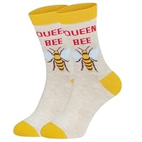 Queen Bee Novelty Crew Socks, Ladies Size 4-7, Grey and Yellow Mother's Day Gift