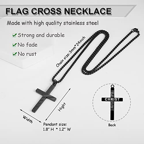 ZRAY American Flag Cross Necklace for Men Patriotic Jewelry Stainless Steel Chain 24inch Engraved Inspirational Bible Verse Philippians 4:13 Pendant Religious Gift for Dad Boys3