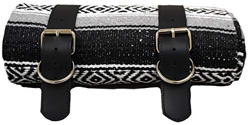 La Rosa Design Mexican Serape Roll-up Blanket with Black Leather Belts- Black/White/Gray Serape