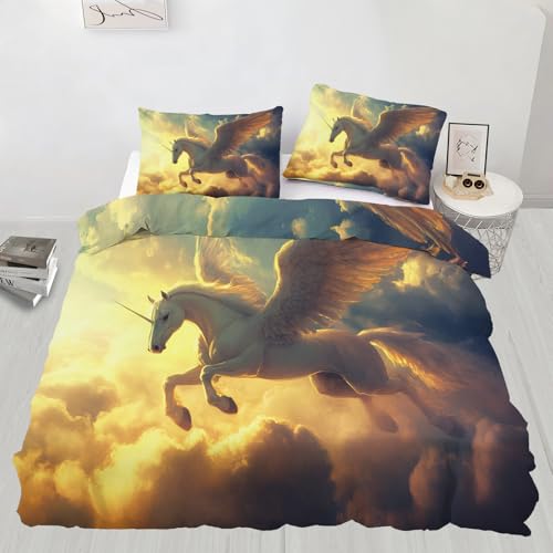 Juego de ropa de cama con diseño de caballo volador, funda de edredón con 2 fundas de almohada, diseño de caballo sagrado, suave y ligero, fácil cuidado para habitaciones de adultos (220 x 230 cm)