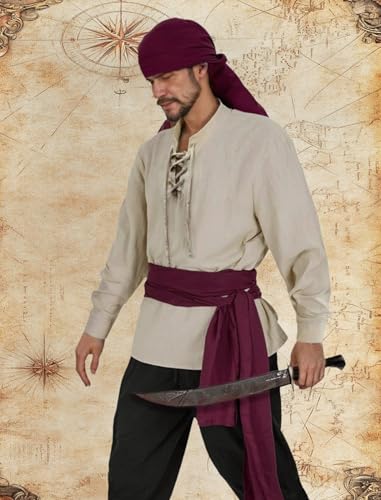 Verceco Mens Pirate Costume Outfit Renaissance Costume Men Medieval Outfit With Pirate Pants Shirts Sash Accessories Khaki Large2
