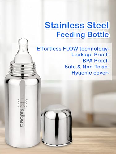 Image of Kidbea Stainless Steel Feeding Bottle 250ml for Babies | BPA Free, Food Grade, Leakproof | Anti-Colic Nipple | Safe & Durable Baby Milk Feeder (Pack of 1)