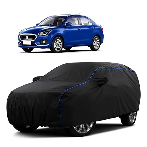 Image of Sulfar 100% Water Resistant Car Body Cover Compatible with Mirror for Maruti Suzuki Swift Dzire (Triple Stitched, Full Bottom Elastic, Black Tafetta with Blue Piping)
