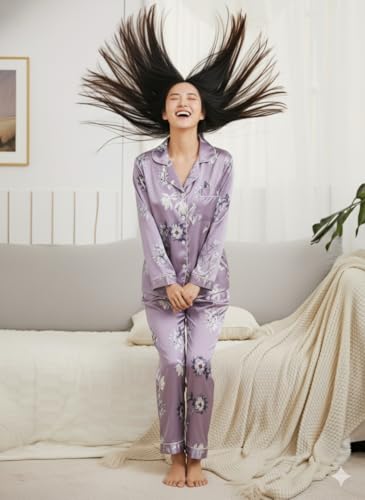 Image of Night Suit for Women with Full Sleeve Button-Down Top with Pant Dress for Woman, Night Dress for Woman, Lycra Two-Piece Loungewear Set
