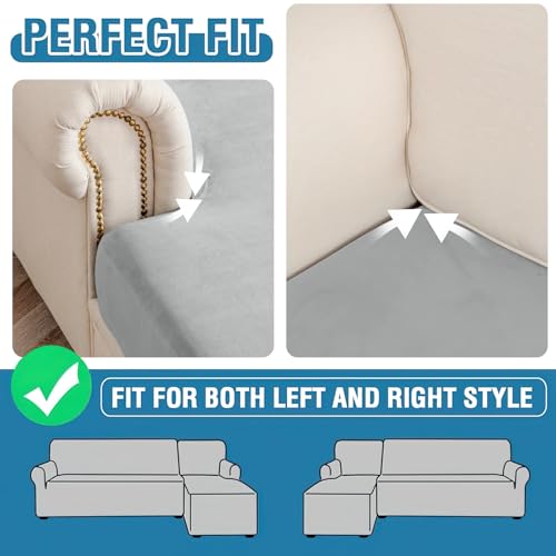 Image of Couch Cover 4-Piece Elastic Velvet Couch Cushion Covers & Chaise Slipcovers for L-Shaped Sofas, Sofa Seat Covers Washable, Soft Cover for Couches (3 Seater + Chaise, Light Grey)