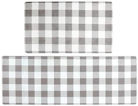 Collive Gray/White Buffalo Plaid Kitchen Rug Runner Set, 2 Piece Anti Fatigue Cushioned Kitchen Rugs and Mats, Non Slip Waterproof Standing Kitchen Floor Mats (18" x 29"+18" x 47", Buffalo Plaid)