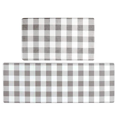 Gray/White Buffalo Plaid Kitchen Rug Runner Set, 2 Piece Anti Fatigue 