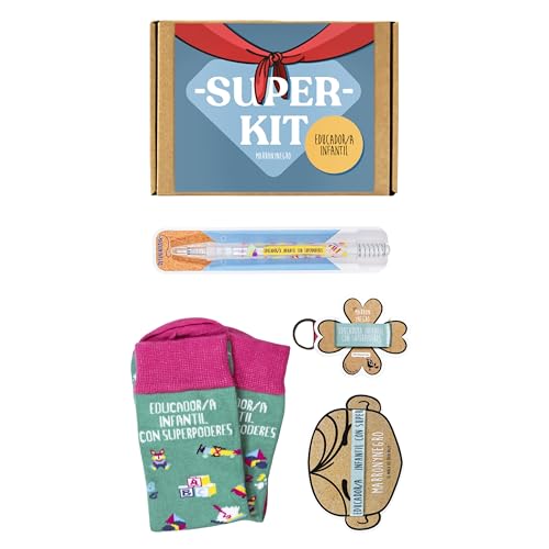 MARRON Y NEGRO - Pack regalo Calcetines Educador/a Infantil con Superpoderes - Incluye boli, pulsera y llavero - Perfectos para Regalos - Divertido - 80% algodón - Unisex - Talla de calcetín (35-40).