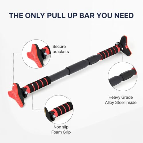 Image of SKYCELL Door Pull Up Bar For Home Workout Wall Mounted Pull Up Doorway Bar for Men, Women & Kids Without Screw Doorway Hanging Rod 27-40 inches | Weight upto 200 Kg (Black Red)