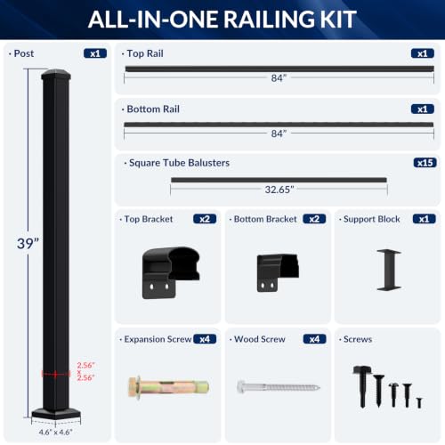 Image of Egadis 1 Pack 36 in. H x 7 ft. W Aluminum Stair Railing Kit, Black Textured AAMA 2604 Powder-Coat Finish Modular Railing System for Outdoor Decks, Porches & Balconies (1 Post, 1 Panel)