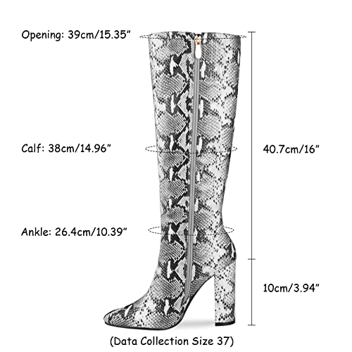 Wetkiss Snakeskin Boots Knee High For Women, Pointed Toe Chunky High Heels Side Zipper Slouch Snake Print Shoes-Black & White #TOP4