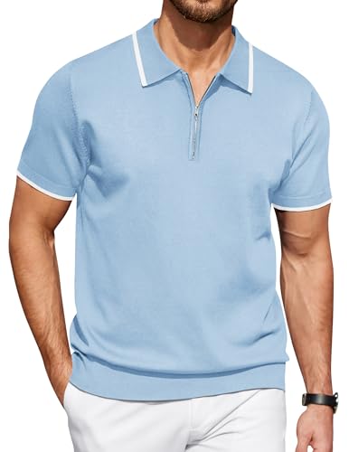 COOFANDY Men's Zipper Polo Shirt Casual Knit Short Sleeve Polo T Shirt Classic Fit Shirts, Light Blue, Large