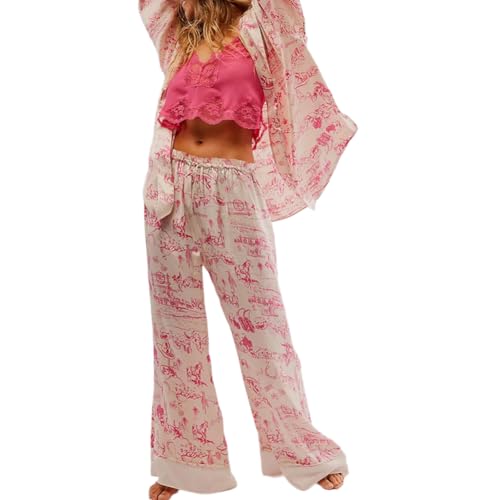 Women Satin Pajamas Set 2 Piece Western Cowgirl Silk Pjs Long Sleeve Floral Pjs Wide Leg Pants Button Down Loungewear