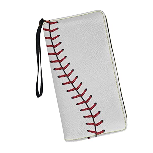 Bulopur White Baseball Print Women Girl Clutch Zip Credit Card Holder Wallet with Wristlet Long Pu Leather Purse