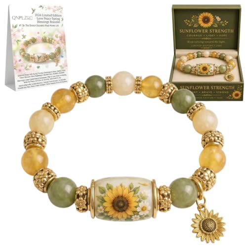 2026 Limited Edition Love Peace Spring Hummingbird Blessings Bracelet with Gift Box for Women Inspirational Bee Bluebird Butterfly Bracelet Jewelry Charm Beads Wristband Elastic Stretch (Sunflower)