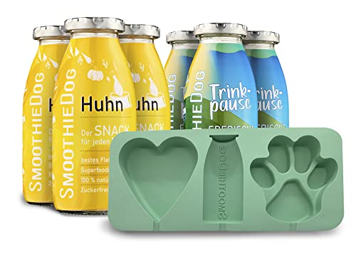 SmoothieDog Eisform aus Silikon + 3xHuhn und 3X Trinkpause(Ente) je 250ml Hundesmoothie- Backform, Hundekuchen backen, Hundeeis selber Machen- BPA-frei, Eisform, Herzform, Pfotenform