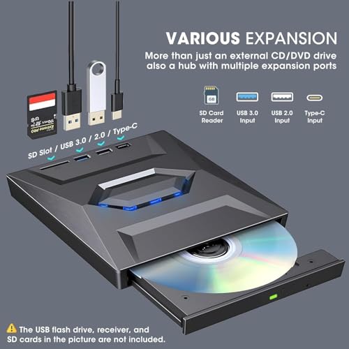 Image of BLACKBOOST USB 3.0 & Type C External CD DVD Writer RW Optical Drive CD /DVD ROM + /- RW Burner Drive with SD /TF Card Reader Ports, USB 3.0 to C Hub for Laptop, PC, MacBook, Desktop, Notebook, Black