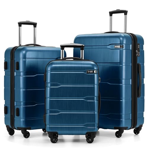 Coolife Luggage Set 3 Piece Hardside PC+ABS Suitcase with TSA Lock, Expandable Large Checked Luggage, Lightweight Rolling Carry On with Spinner Wheels(20/24/28 Inch, Caribbean Blue)