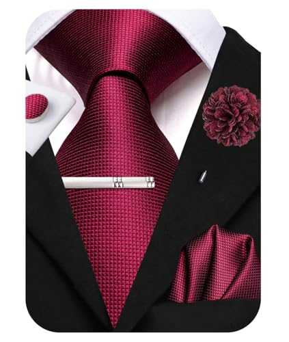 Image of Hi-Tie Wine Red Solid Suit Ties for Men Silk Formal Necktie and Pocket Square Lapel Pin Silver Tie Clip Cufflinks Set Wedding Business 6PCS