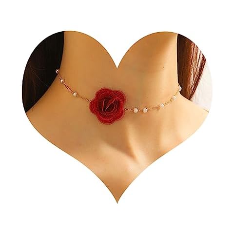 Bethynas Vintage Flower Choker Necklace with Baroque Pearl Handmade Rose Floral Sexy Plated Collar Neck Chain Bridal Party Neck Jewelry for Women (Red) Cover