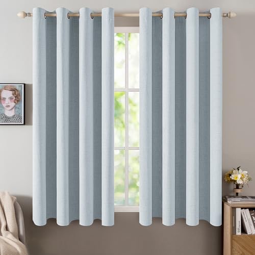 Image of MIULEE Linen Textured Curtains for Bedroom Solid 100% Blackout Thermal Insulated Chambray Blue Grommet Room Darkening Curtains & Drapes Luxury Decor for Living Room 52 x 54 Inch (2 Panels)