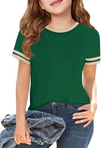 Image of Haloumoning Girls Short Sleeve T Shirts Kids Summer Crewneck Color Block Tops Fashion Tees 5-14 Years