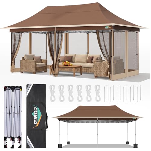 Image of COBIZI 10x20 Pop up Canopy Tent -12x20 Gazebo, Party Tents for Parties, Carpas para Fiestas, Large Outdoor Popup Patio Screened Gazebos, Shelter Tents with Net for Backyard, Commercial,Brown