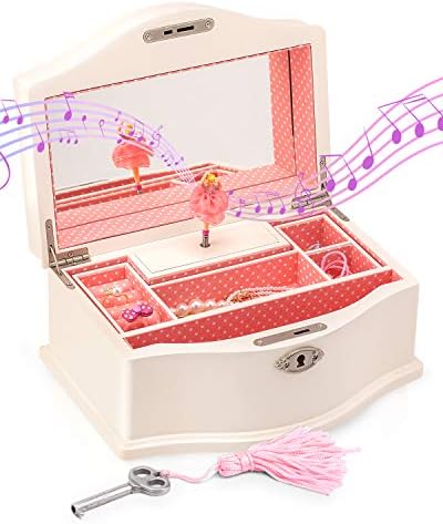 Elle Jewelry Box - Ballerina Jewelry Organizer and Swan Lake Wind-Up Music Box for Girls and Teens, Accessories and Keepsake Wooden Storage with Lock and Mirror, Charming Room Decor and Gift, Large