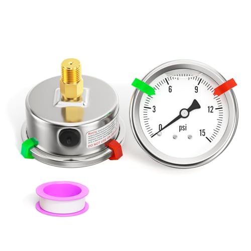 Image of 0-15PSI Stainless Steel Liquid Filled Pressure Gauge, 2.5 inch Single Scale Face Dial, 1 /4 inch NPT Back Mount, for Tube, Water Pump, Gas, Liquid, Pressure Test (with Range Mark Pointer)