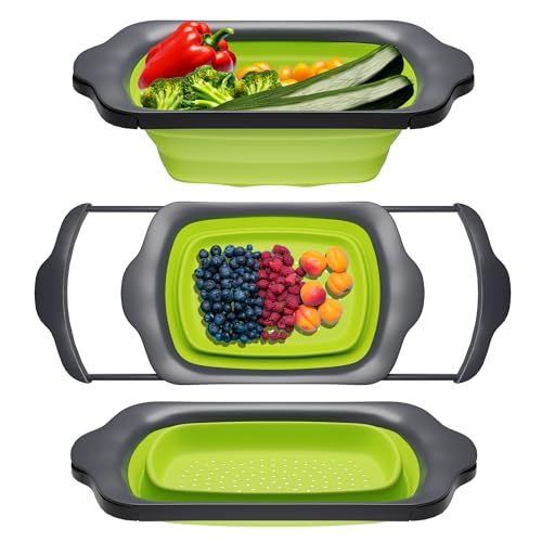 XL Large Kitchen Strainer by Comfify - Collapsible Silicone Over-The-Sink Colander with Extendable Handles - Use with Pasta, Fruit, Berries & Veggie - 6 Quart - Green