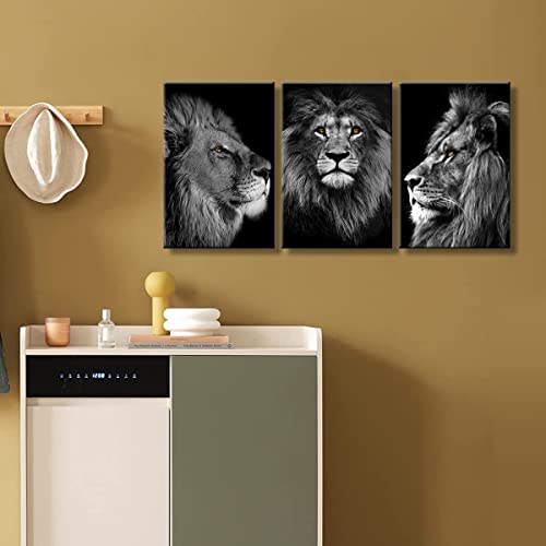 Framed 3 Pces Lion Black And White Canvas Wall Art Man's Gift Decor Africa Wild Animals Head Portrait Modern Poster Prints Painting Wall Pictures For Living Room Bedroom Hotel Home Decorate #TOP6
