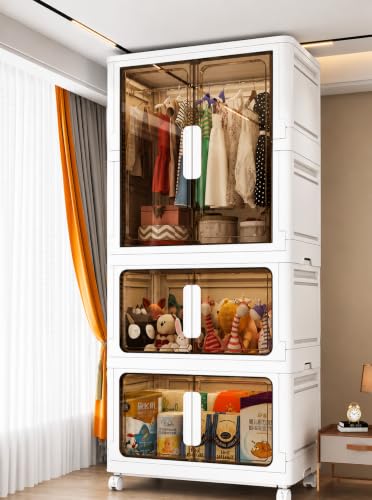 Image of Plastic Wardrobe for Cloths | 3 Layer Stackable Almirah with Hanging Rod, Transparent Doors, Wheels | Foldable Storage Cabinet Organizer for Clothes /Books /Toys (Double -White, 3-Door)