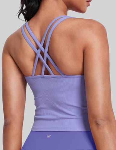Image of HeyNuts Zeal Bras Longline Ribbed Medium Support Sports Bras, Crisscross Back Tank Tops with Removable Pads A-D Cups