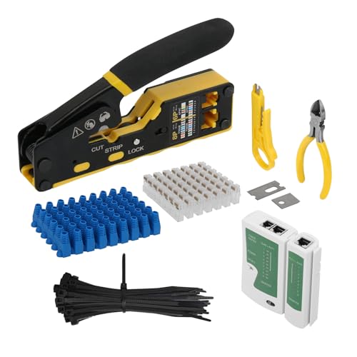 Prowin Pass Through RJ45 Crimper Kit with Cable Tester, Ethernet Crimping Tool for Cat5 Cat5e Cat6 Cat6a & RJ11 RJ12 Connectors (Includes Stripper, Blades) Professional Network Tool Set