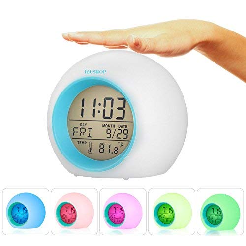 I2USHOP Alarm Clock for Kids Bedroom, Wake Up Light Digital Clock with Indoor Temperature & Calendar & 6 Natural Sound & 7 Colors Changing Light (Blue)