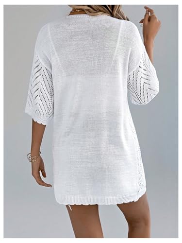 OYOANGLE Women\'s Short Sleeve Crochet Cardigan Sweater Lightweight Open Front Boho Kimono Outerwear White Medium