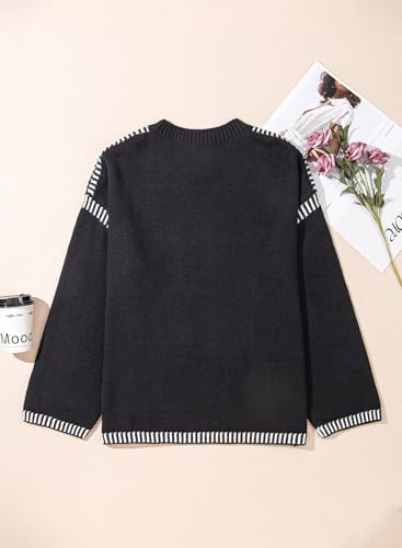 Image of Women's Crewneck Long Sleeve Sweater Casual Fall Contrast Ribbed Knit Pullover Jumper Tops