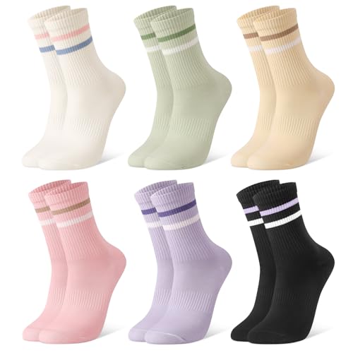 Utensilsto 6 Paare Socken Damen 39-42 Tennissocken Bunte Sportsocken Lange Baumwollsocken mit Streifen Motiv Sport Socken für Damen Lauf Arbeit bunt