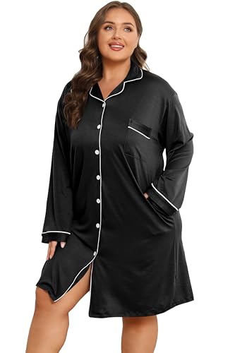 Image of Vozanet Women Button Down Nightgown Plus Size Nursing Nightshirt Long Sleeve Nighty Bridal Dress with Pockets XL-5XL